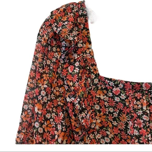 NWT Eclair cinched waist floral square neck flowy bohemian peasant blouse top M - Picture 8 of 9